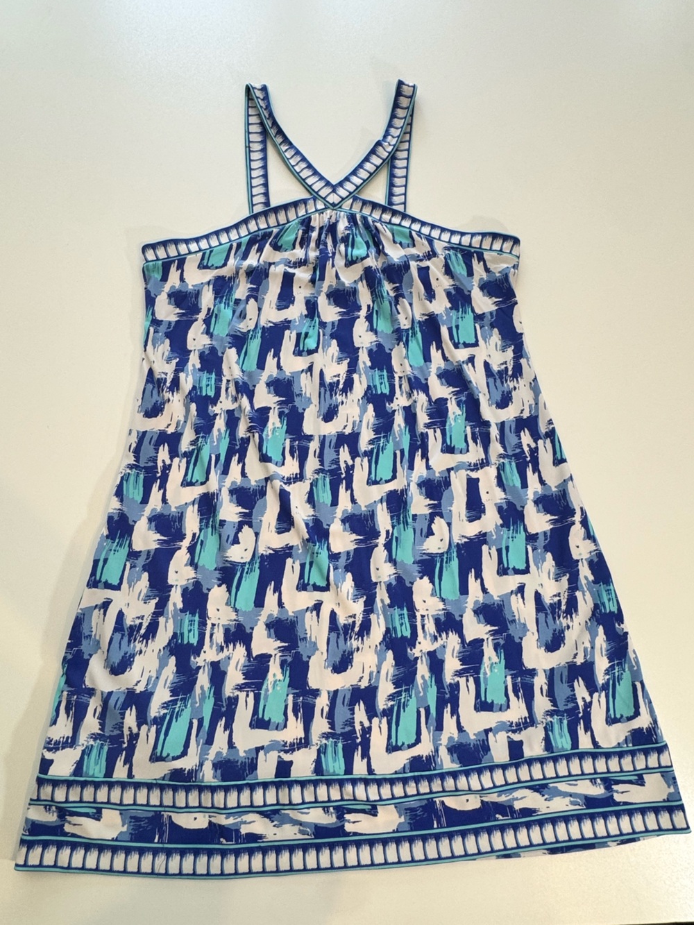 EUC blue abstract Halter dress size M